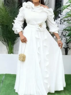 Ruffled Off-Shoulder Pleated Maxi Dress