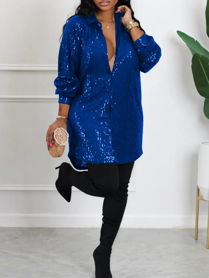 Sequins Long Sleeve Shirts Mini Dress