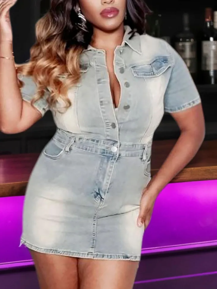 Short Sleeve Button Down Denim Mini Dress