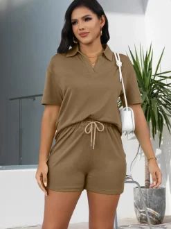 Short Sleeve Collared Drawstring Waist Shorts Sets