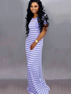 Short Sleeve Crew Neck Stripe Pocket Maxi Dress