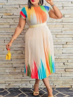 Short Sleeve Floral Print Pleated Skrit Suit