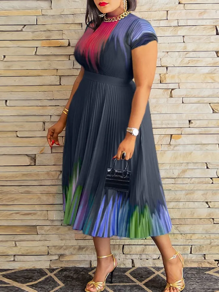 Short Sleeve Floral Print Pleated Skrit Suit