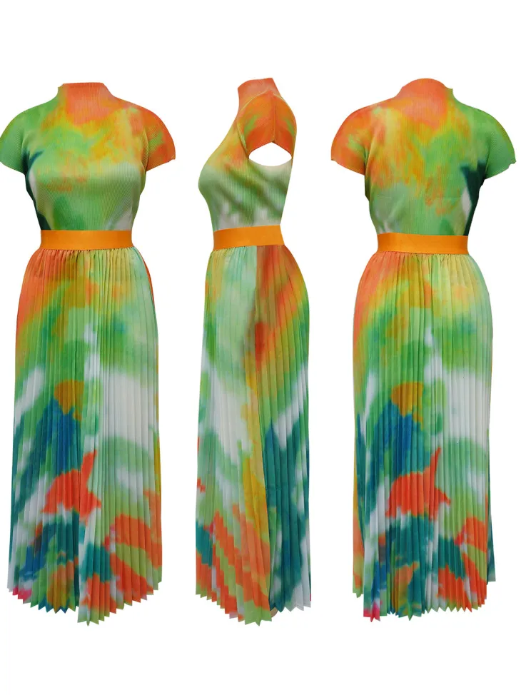 Short Sleeve Floral Print Pleated Skrit Suit