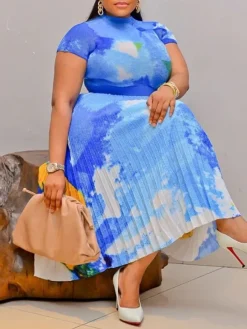 Short Sleeve Floral Print Pleated Skrit Suit