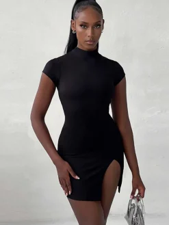 Short Sleeve Mock Neck Backless Mini Dress