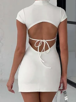 Short Sleeve Mock Neck Backless Mini Dress