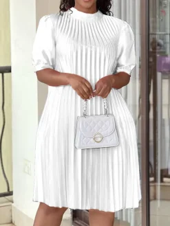 Short Sleeve Mock Neck Pleated Mini Dress