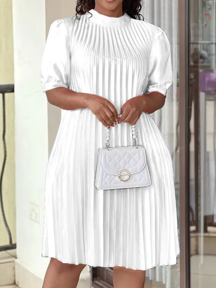 Short Sleeve Mock Neck Pleated Mini Dress