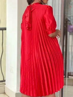 Short Sleeve Mock Neck Pleated Mini Dress