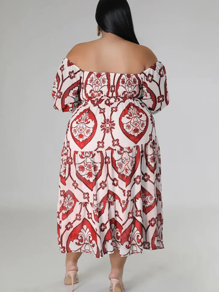 Short Sleeve Off Shoulder Floral Midi Dress