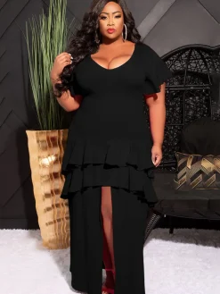 Short Sleeve Ruffle Layer Maxi Dress