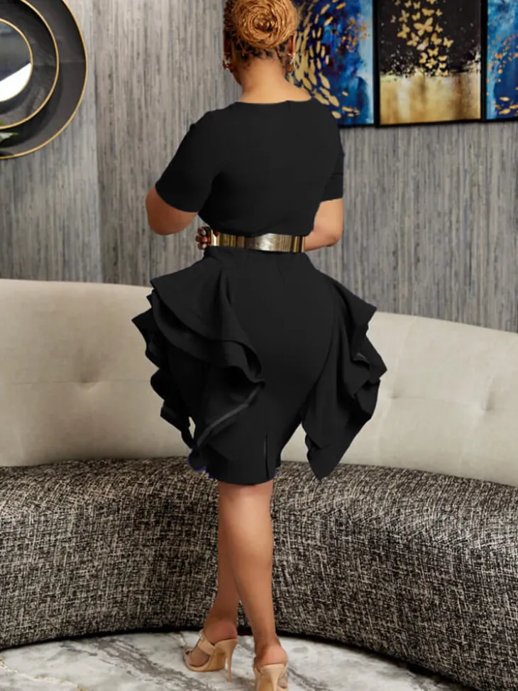 Short Sleeve Ruffle Patchwork Midi Dress