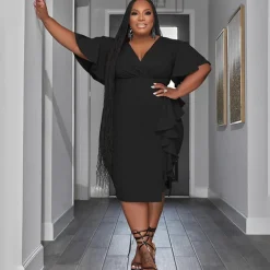 Short Sleeve V Neck Ruffle Midi Dress