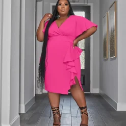 Short Sleeve V Neck Ruffle Midi Dress