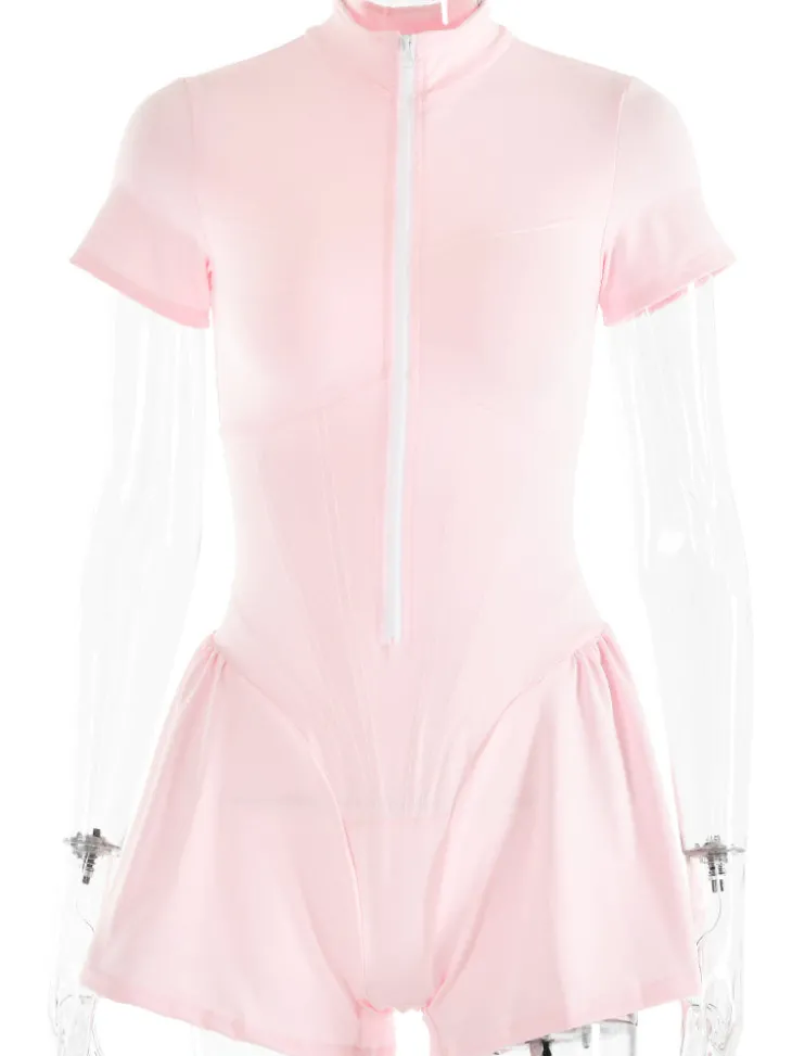 Short Sleeve Zip Front Rompers