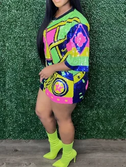 Short Sleeves Sequins Mini Dress