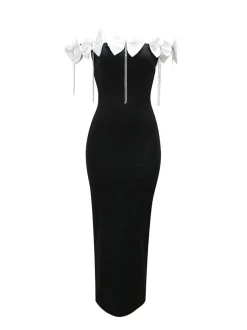 Sleeveless Bowknot Crystal Chain Slit Maxi Dress