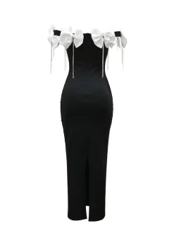 Sleeveless Bowknot Crystal Chain Slit Maxi Dress