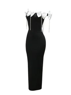 Sleeveless Bowknot Crystal Chain Slit Maxi Dress