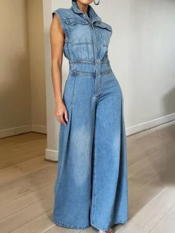 Sleeveless Button Denim Wide Leg Jumpsuit