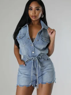 Sleeveless Denim Ripped Hem Short Jumpsuit