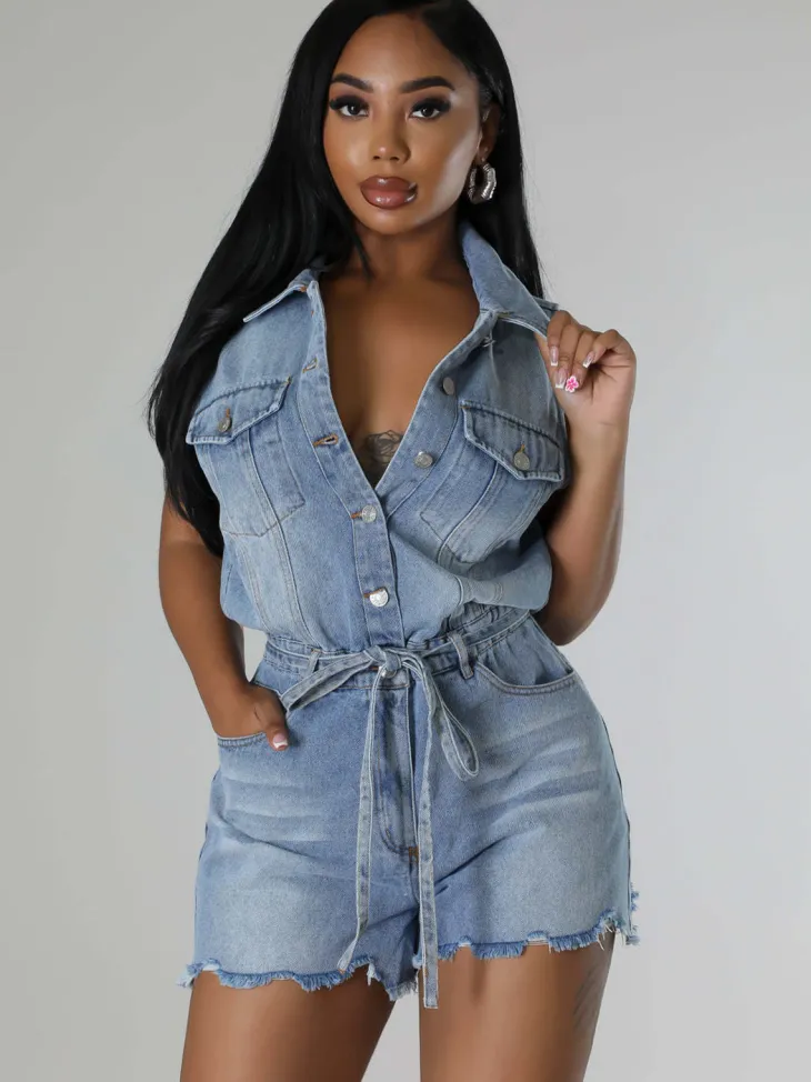 Sleeveless Denim Ripped Hem Short Jumpsuit