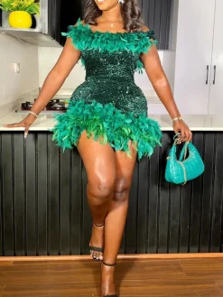 Sleeveless Feathers Sequin Party Mini Dress