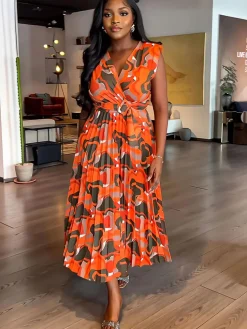 Sleeveless Printed Pleated Bodycon Maxi Dress