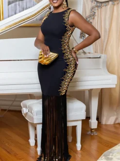 Sleeveless Rhinestone Fringe Hem Maxi Dress