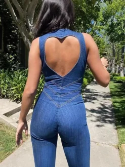 Sleeveless Zip Heart Cutout Denim Jumpsuit