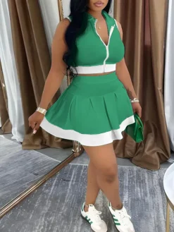 Sleeveless Zip-Up Crop Top Pleated Skirt Set
