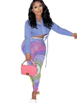 Solid Color Crop Top Floral Print Pants