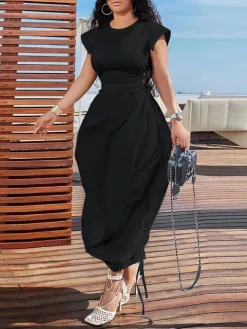Solid Color Puff Sleeve Drawstring Waist Dress