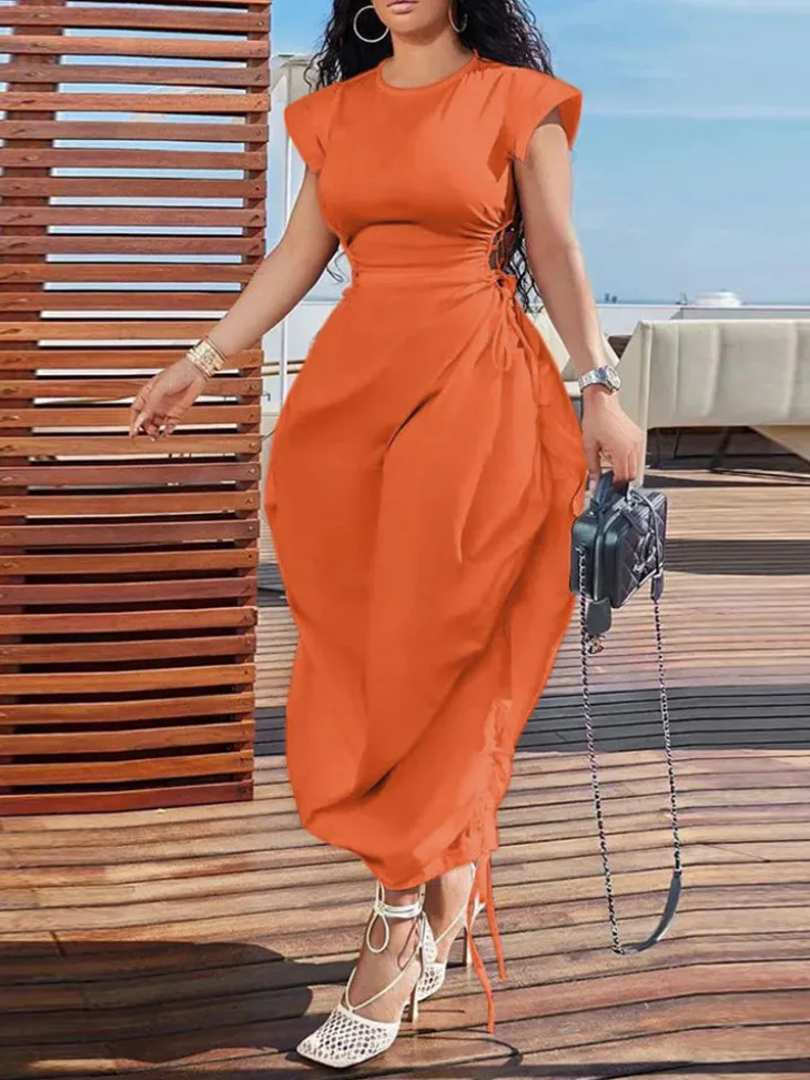 Solid Color Puff Sleeve Drawstring Waist Dress