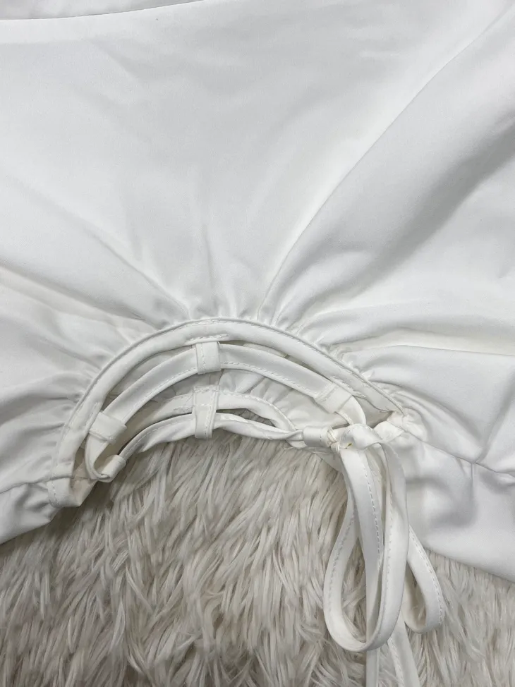 Solid Color Puff Sleeve Drawstring Waist Dress
