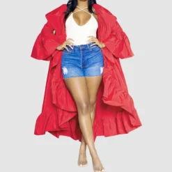 Solid Color Ruffled Trench Coat