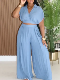 Solid Color Top Wide-Leg Pants Set