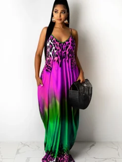 Spaghetti Strap Boho Gradient Leoaprd Print Sundress