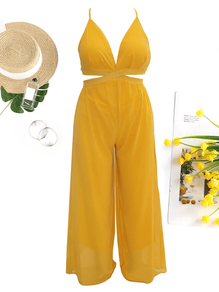 Spaghetti Strap Chiffon Backless Wide Leg Jumpsuit
