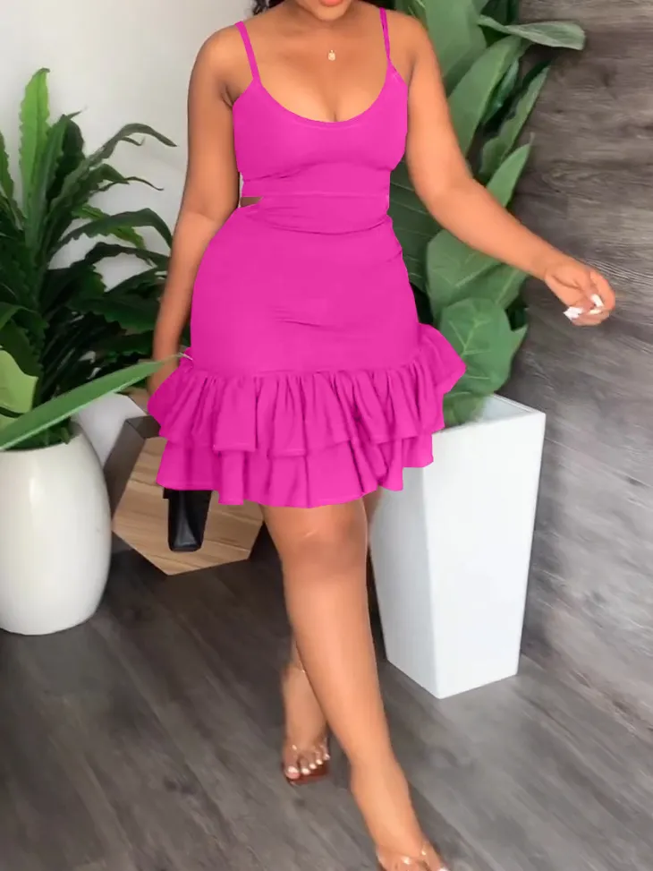 Spaghetti Strap Cut Out Ruffle Mini Dress
