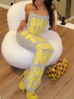 Spaghetti Strap Letter Print Tube Maxi Dress