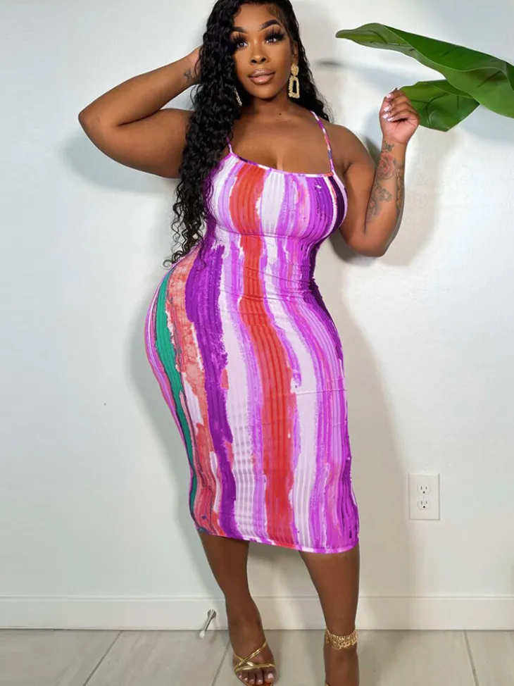 Spaghetti Strap Tie Dye Backless Midi Dress