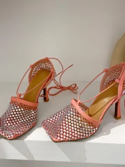 Sparkling Rhinestone Crossed Straps Hollow Out Heeled Sandal