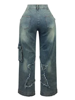 Star Fringe Raw Hem Loose Straight Leg Jeans