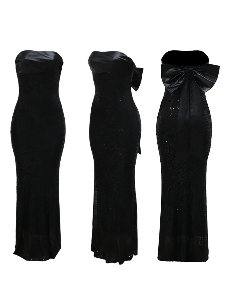 Strapless Bow Tie Back Sequin Maxi Dress