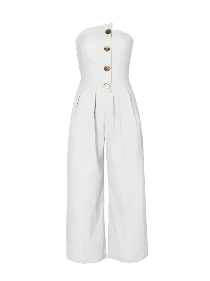 Strapless Button Wide-Leg Jumpsuit