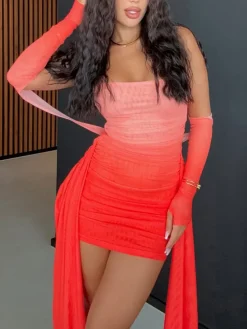 Strapless Mesh Mini Dress with Scarf Gloves