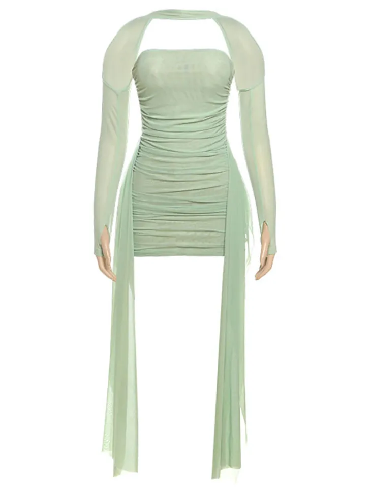 Strapless Mesh Mini Dress with Scarf Gloves
