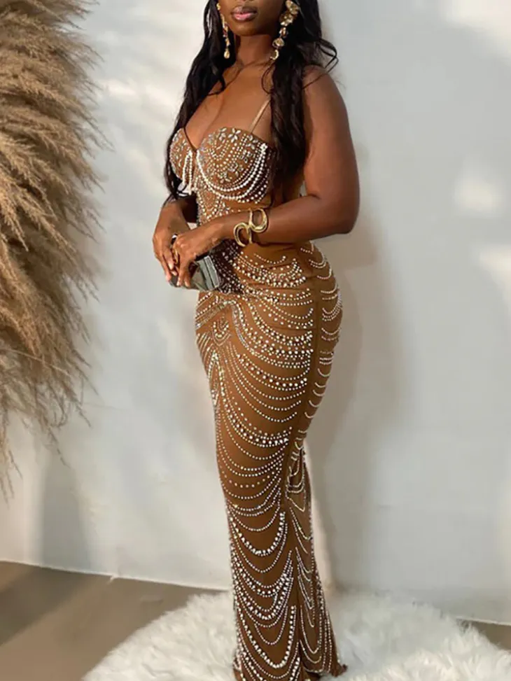 Strappy Rhinestone Mesh Maxi Dress